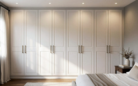 Warm white shaker fitted wardrobes with brass bar handles beside a bedroom window, menu card for Designer Wardrobes