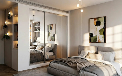 Sliding wardrobes: the Oxford mirror sliding wardrobe across a bedroom wall