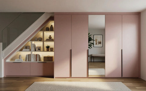 Dusky pink under-stairs fitted storage with a mirror door, made to measure in London