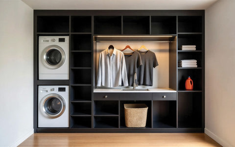 Black fitted utility room with stacked washer and dryer, made to measure in London