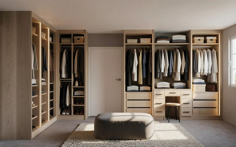 Light oak walk-in wardrobe with open shelving, made to measure in London
