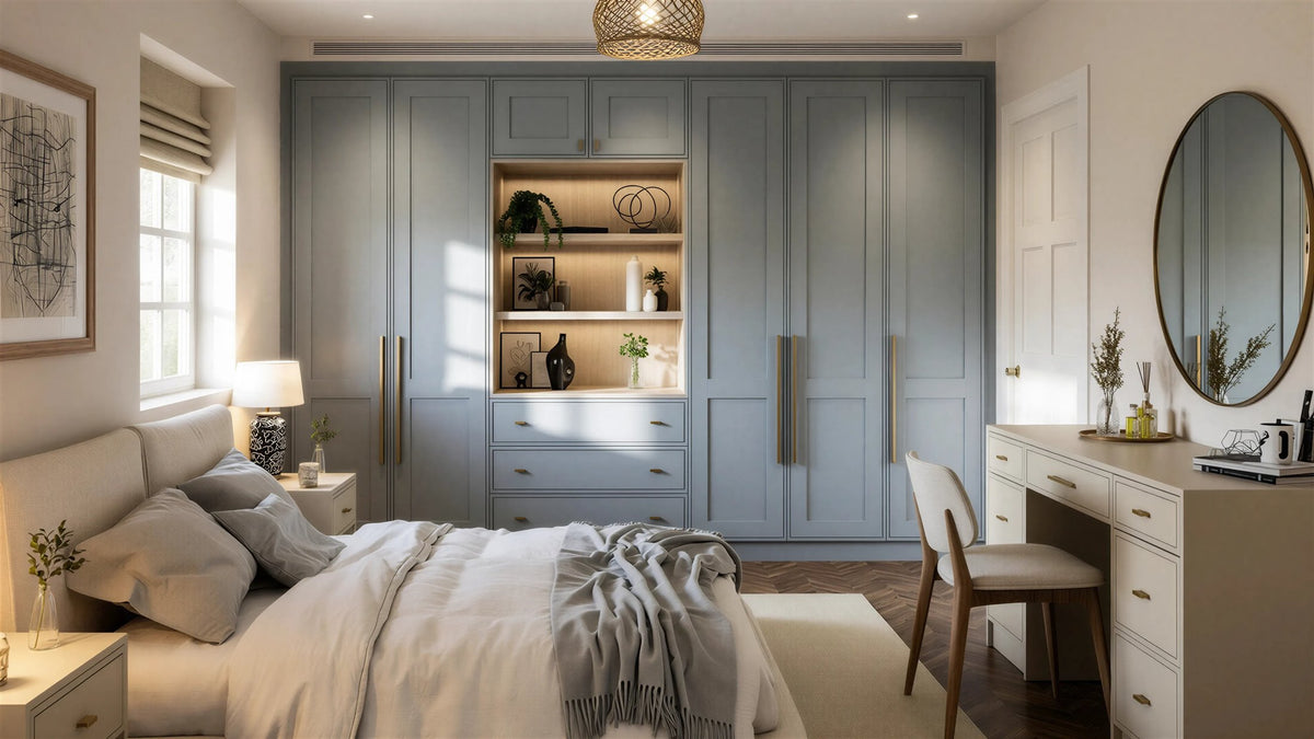 Blue Fitted Wardrobe — Mock In-Frame family, Rathlin door