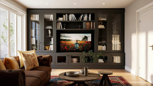 Montagu media wall in London: a wall-to-wall charcoal shaker media wall with the screen in a central bay, glazed cabinets with nickel knobs either side, open shelves, a cornice and glazed base cupboards, in a period living room. Made to measure by Metro Home Interiors