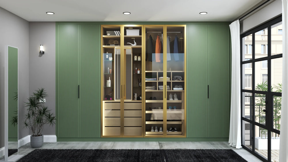 Notting Hill fitted wardrobe in London: sage green fluted doors either side of a lit glass display bay in gold aluminium frames, doors closed