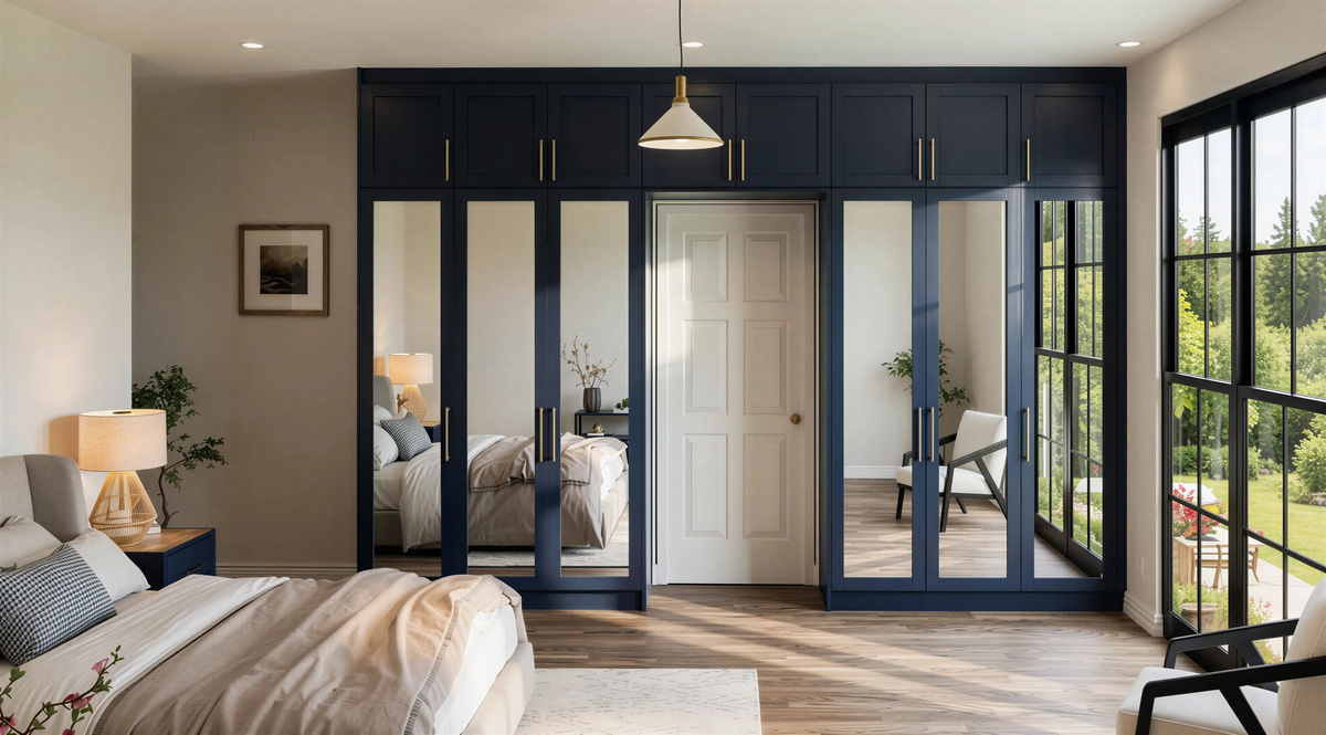 Olivia Hinged Wardrobe in Indigo Supermatt with Melrose single panel mirror doors, bar pull handles, soft-close hinges and bespoke fitted bedroom storage by Metro Home Interiors in London. 