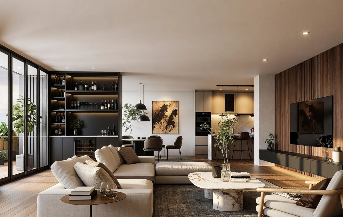 Open-plan living room with a black fitted bar unit with lit shelving, a fitted kitchen beyond and a walnut slatted television wall with a floating unit, made to measure in London