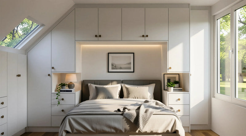 Osborne over-bed fitted wardrobe in London with integrated overhead storage, modern shaker doors and bespoke bedroom design
