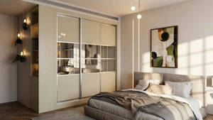 Oxford Mirror Sliding Wardrobe in London, Central 2, 400 Mirror door layout: cashmere panels with silver mirror sections and silver profiles, made to measure by Metro Home Interiors