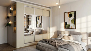 Oxford Mirror Sliding Wardrobe in London, Central Top and Low 400 Mirror door layout: cashmere panels with silver mirror sections and silver profiles, made to measure by Metro Home Interiors