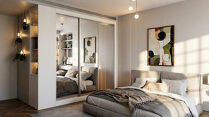 Oxford Mirror Sliding Wardrobe in London, Full Mirror door layout: cashmere panels with silver mirror sections and silver profiles, made to measure by Metro Home Interiors