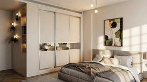 Oxford Mirror Sliding Wardrobe in London, Low 300 Mirror door layout: cashmere panels with silver mirror sections and silver profiles, made to measure by Metro Home Interiors