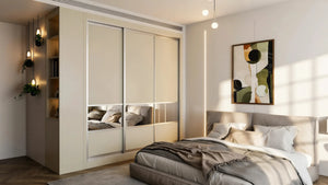 Oxford Mirror Sliding Wardrobe in London, Low 400 Mirror door layout: cashmere panels with silver mirror sections and silver profiles, made to measure by Metro Home Interiors
