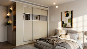 Oxford Mirror Sliding Wardrobe in London, Top 400 Mirror door layout: cashmere panels with silver mirror sections and silver profiles, made to measure by Metro Home Interiors