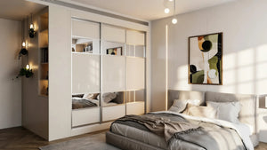 Oxford Mirror Sliding Wardrobe in London, Two 300 Mirror door layout: cashmere panels with silver mirror sections and silver profiles, made to measure by Metro Home Interiors