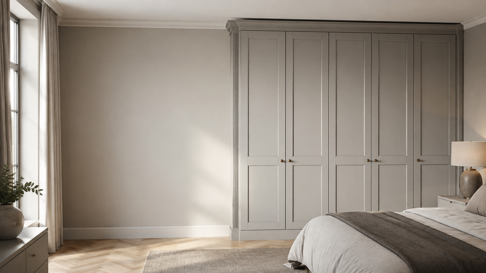 Bespoke painted timber wardrobe doors in a luxury bedroom