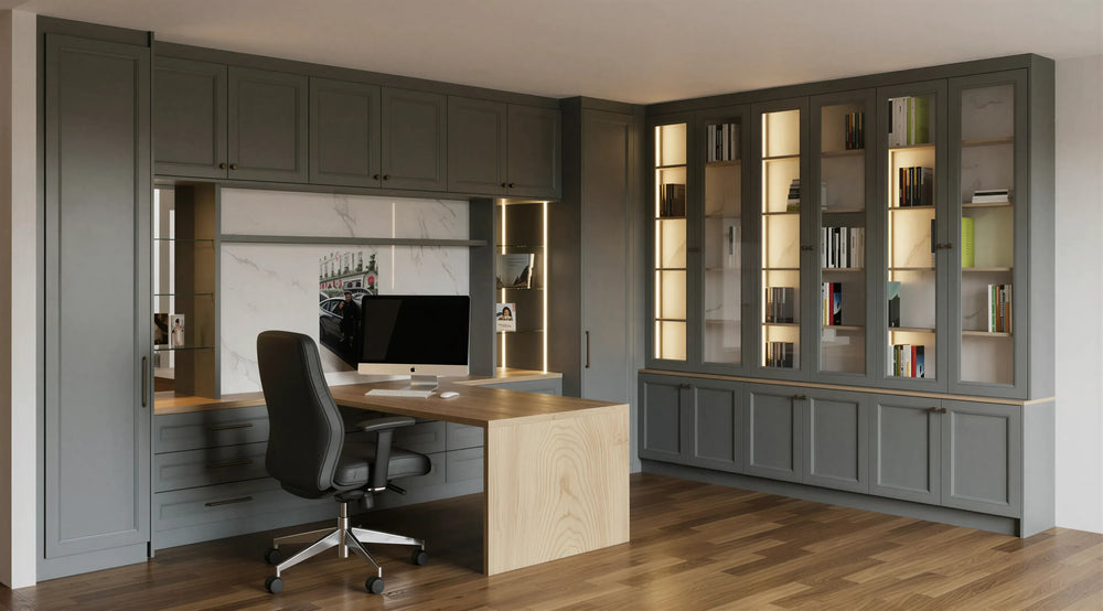 Pembroke Home Office in Dust Grey featuring slab shaker doors, natural Casella Oak interiors, bespoke fitted desk, open shelving and made-to-measure home office furniture by Metro Home Interiors.