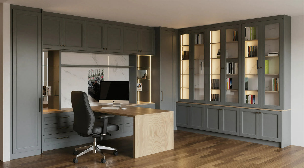 Pembroke Home Office in Dust Grey featuring slab shaker doors, natural Casella Oak interiors, bespoke fitted desk, open shelving and made-to-measure home office furniture by Metro Home Interiors.