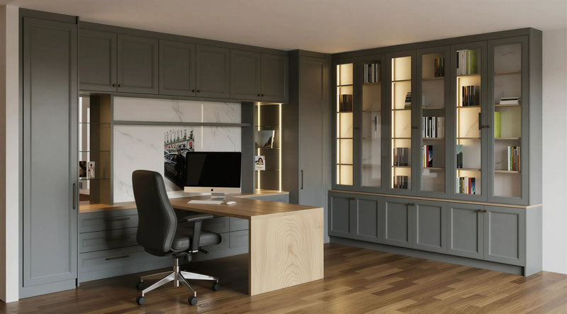 Pembroke Home Office in Dust Grey featuring slab shaker doors, natural Casella Oak interiors, bespoke fitted desk, open shelving and made-to-measure home office furniture by Metro Home Interiors.