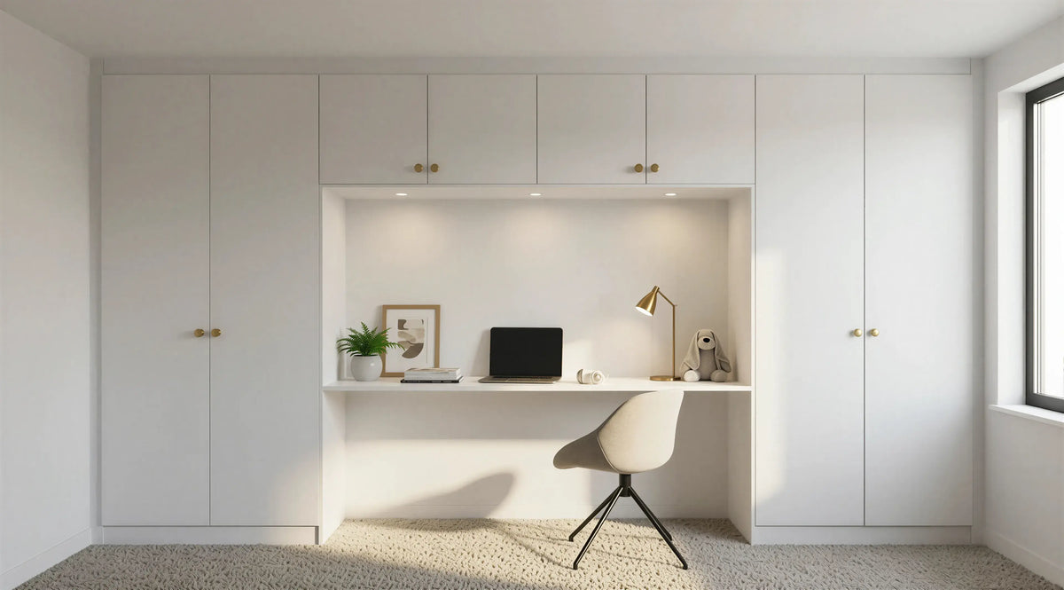 Penelope Hinged Wardrobe in Pure White with slab doors, round knobs, soft-close hinges and bespoke fitted bedroom storage by Metro Home Interiors in London.