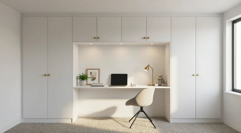 Penelope hinged wardrobe in Pure White with an integrated desk recessed between full-height storage, lit cupboards above and satin brass round knobs, made to measure in London