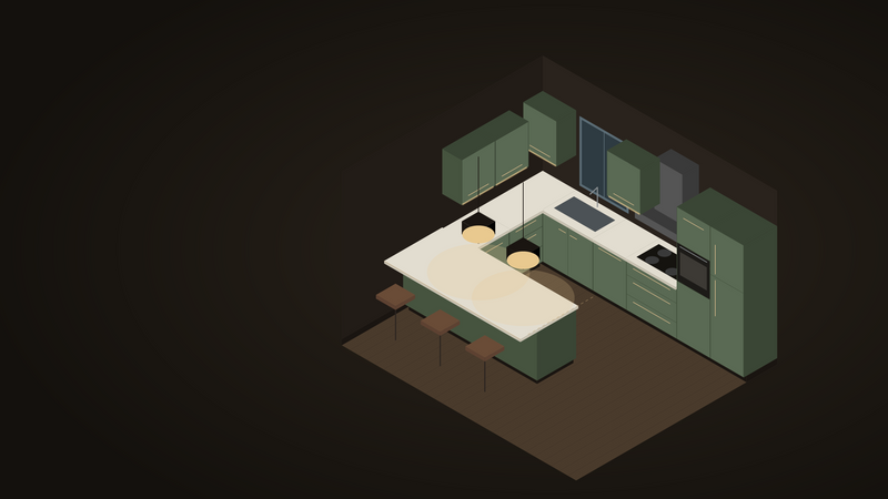 Peninsula kitchen layout, illustrated cutaway