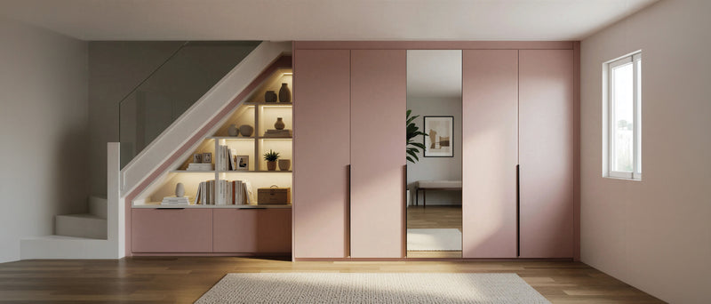 Dusky pink under-stairs fitted storage with lit display shelving and a mirror door, made to measure in London