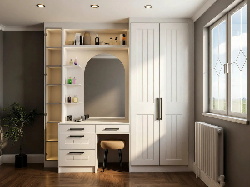 Portman dressing table in London: a white pedestal table with drawers, an arched lit mirror and lit shelving surround to the ceiling, built in beside tongue-and-groove wardrobe doors. Made to measure by Metro Home Interiors