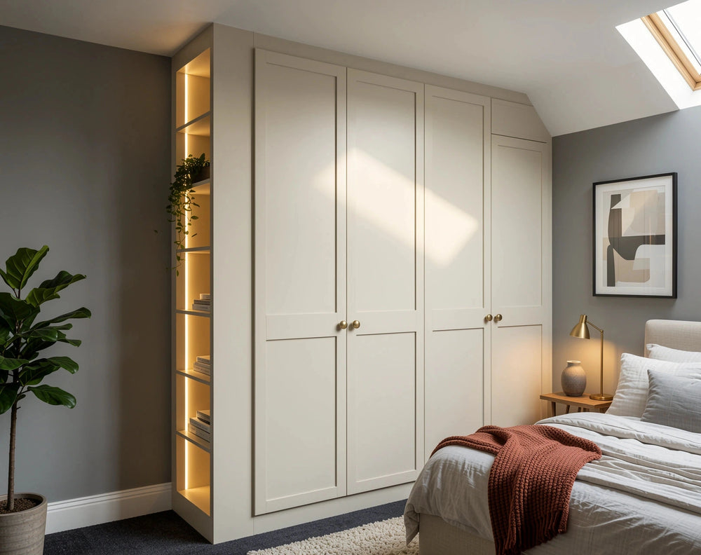 Primrose Hill Shaker Loft Wardrobe with Super Matt Cashmere shaker doors, brushed brass round knobs, open LED display shelving and bespoke fitted loft storage by Metro Home Interiors in London.