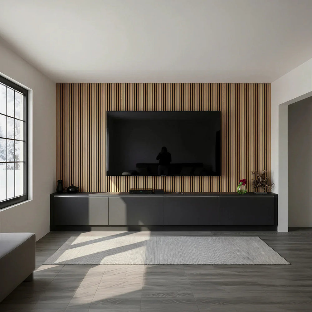 Putney slatted TV wall panel: a full-height wall of oak slats behind a wall-mounted television, with a long floating black unit beneath it