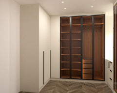 Regents Park walk-in wardrobe in London: black aluminium framed glass door closed over a walnut interior, with fitted cupboards either side