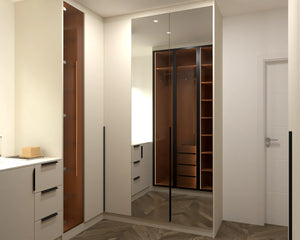 Regents Park walk-in wardrobe in London, second view with the doors closed: a mirrored door beside black framed glass doors over the walnut interior, with cream cupboards and drawers either side. Made to measure by Metro Home Interiors