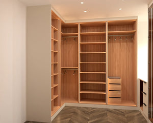 Regents Park walk-in wardrobe in London with the glass door open: walnut hanging, shelving and drawers on three walls