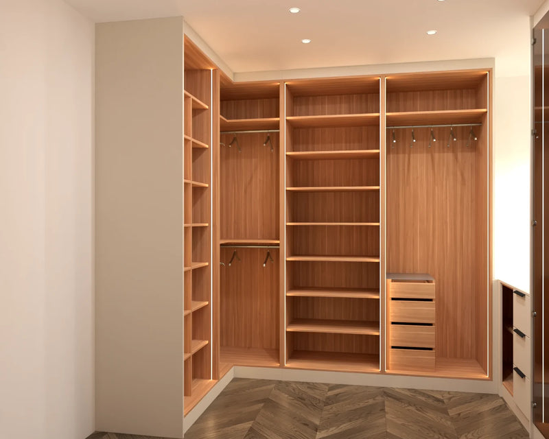 Regents Park walk-in wardrobe in London with the glass door open: walnut hanging, shelving and drawers on three walls