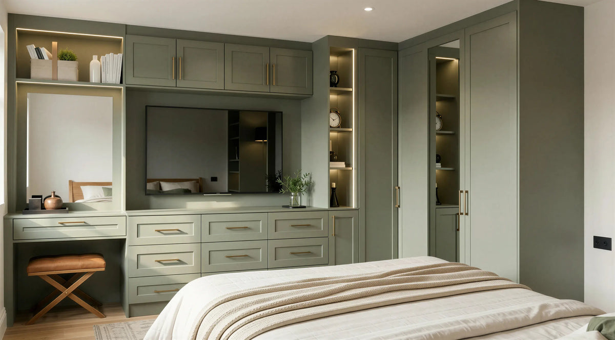 Richmond Shaker Media Wardrobe with Sage Green matt shaker doors, integrated TV unit, dressing table, display shelving and bespoke fitted storage by Metro Home Interiors in London.