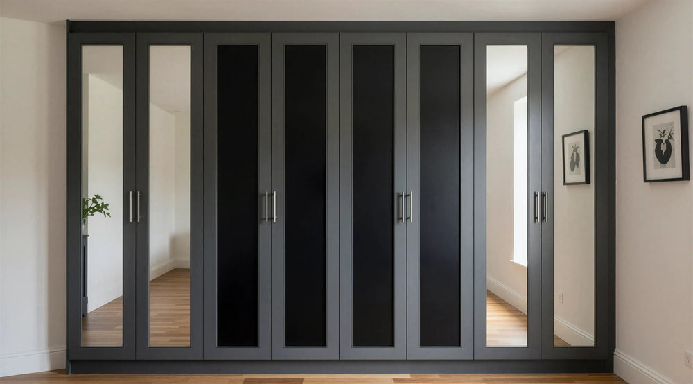 Rosalind hinged wardrobe in black with eight shaker doors, four mirrored, brushed steel T-bar handles and Marone Casella Oak interior, fitted floor to ceiling in London
