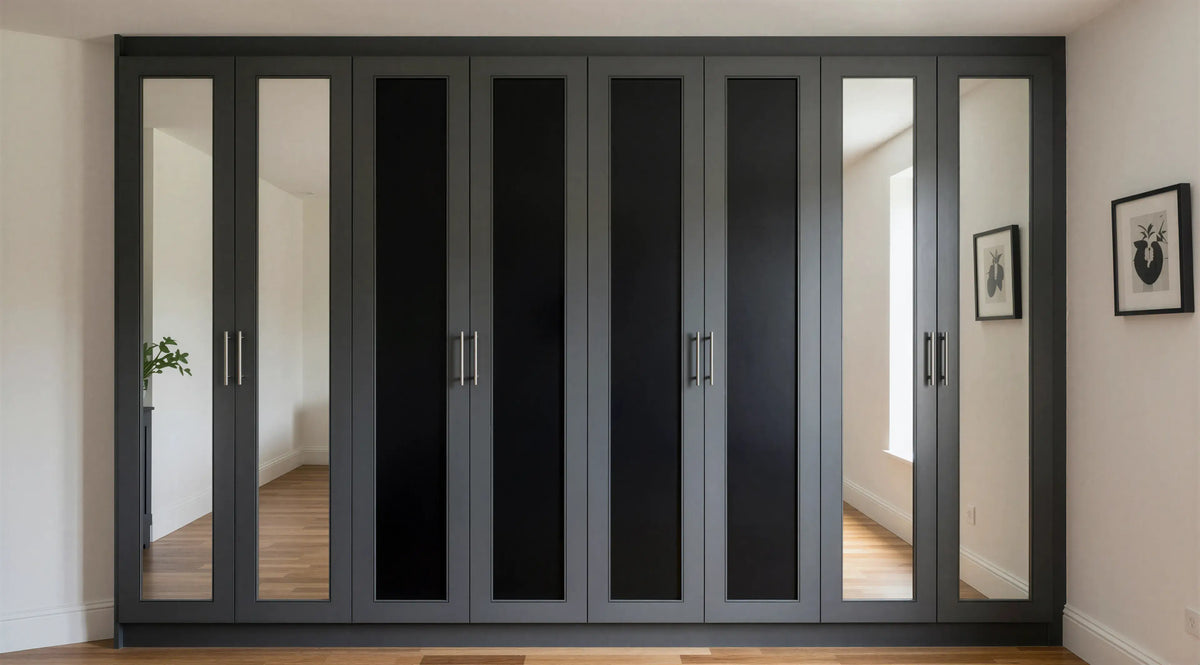 Rosalind Hinged Wardrobe in Black with flush slab and mirrored doors, bar pull handles, Marone Casella Oak interior and soft-close hinges by Metro Home Interiors in London.