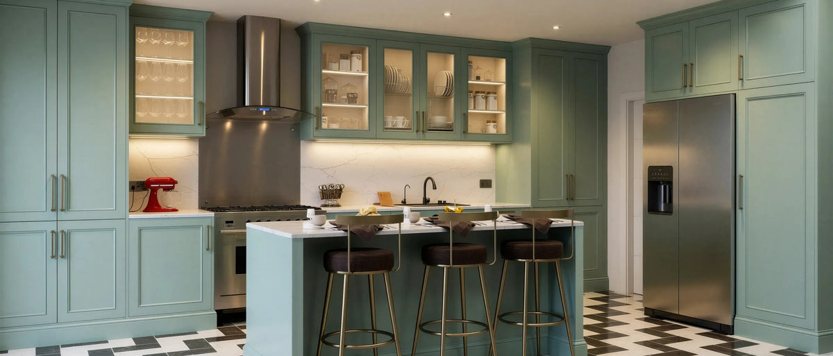 Sage green in-frame shaker kitchen with brass handles, a marble island breakfast bar with stools, a range cooker and glazed wall units, made to measure in London