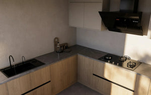 Shoreditch Oak Handleless Kitchen in London: light oak woodgrain handleless doors with a dark grey stone worktop, black tall units and a walnut dining table; the corner with a gas hob and black extractor. Made to measure by Metro Home Interiors