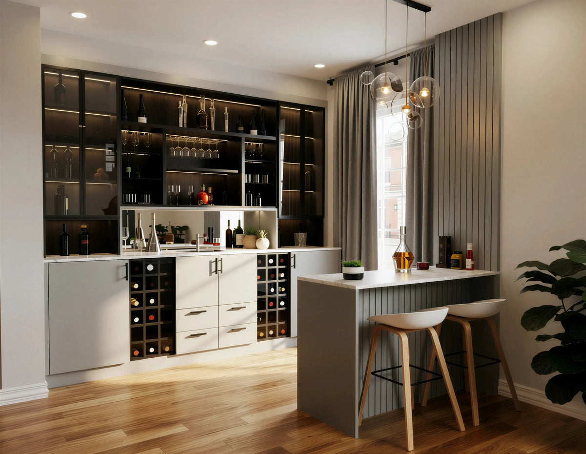 Soho Bespoke Bar Unit in Matt White and Dark Walnut Woodgrain with a white marble-effect worktop, integrated wine storage, LED display shelving, overhead glass rack and bespoke home bar cabinetry by Metro Home Interiors in London.