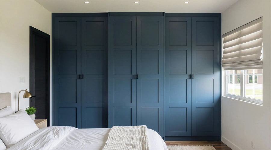 Navy blue shaker wardrobes with brass knobs in a bright bedroom