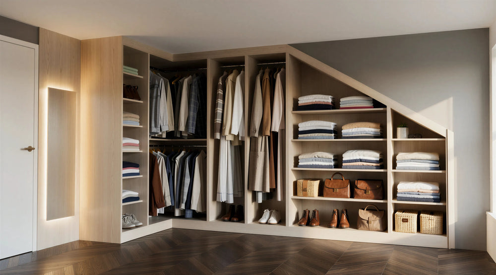 Bespoke fitted wardrobe with hanging space for shirts and jackets, open shelves with folded clothes, and storage for shoes and accessories, made of light wood in a modern bedroom.