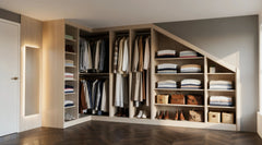 Bespoke fitted wardrobe with hanging space for shirts and jackets, open shelves with folded clothes, and storage for shoes and accessories, made of light wood in a modern bedroom.