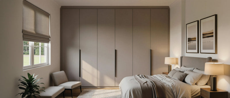 Taupe hinged-door fitted wardrobes with slim bar handles along a bedroom wall, made to measure in London