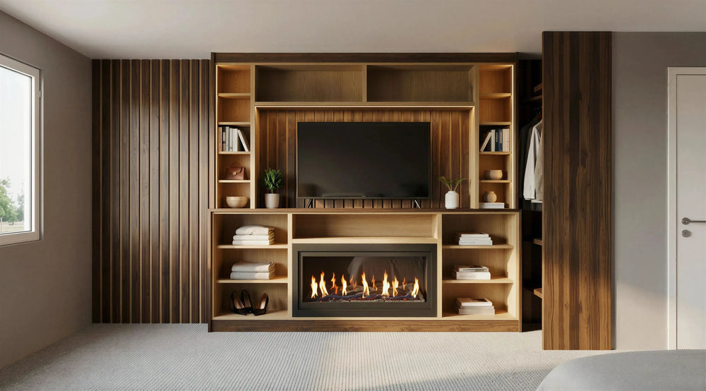 Thornbury Media Unit London in Cotta Cremona Oak featuring a contemporary handleless design, concealed soft-close hinges and bespoke fitted TV media storage by Metro Home Interiors.