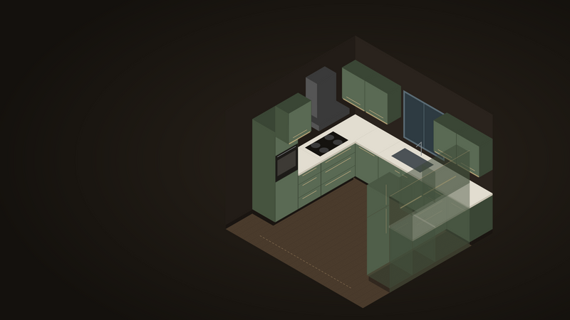U-shaped kitchen layout, illustrated cutaway