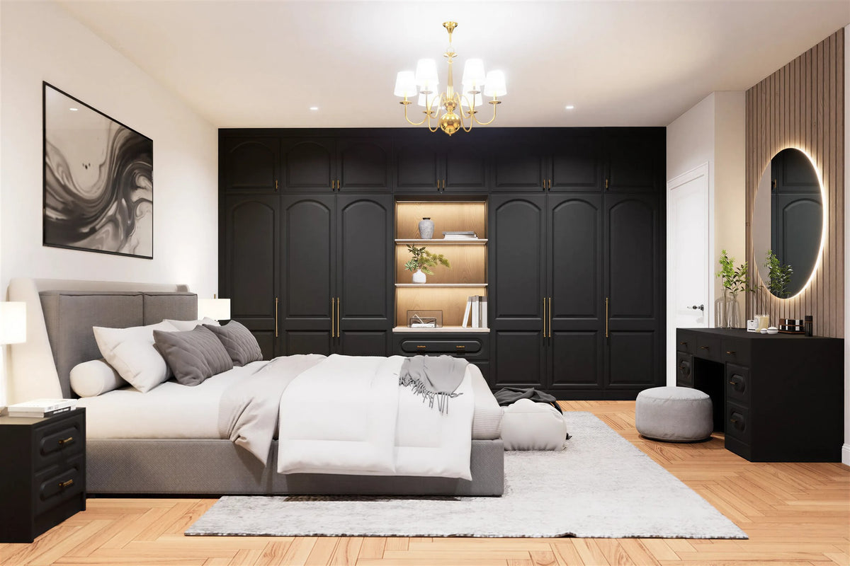 Classic Fitted Wardrobe — arched Verona doors in near-black with brass