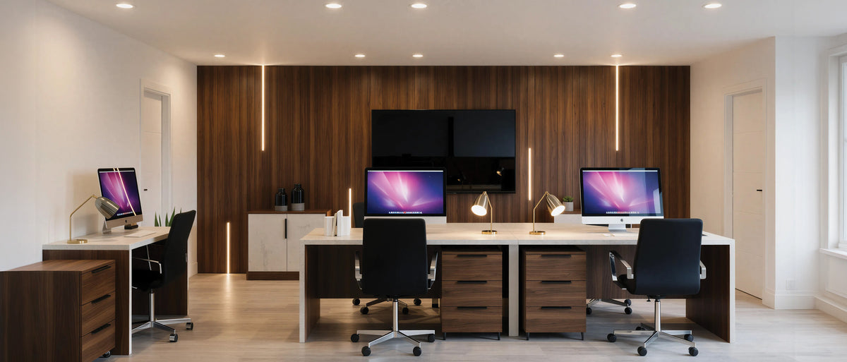 Walnut-panelled fitted home office with twin desks, monitors and integrated storage, made to measure in London