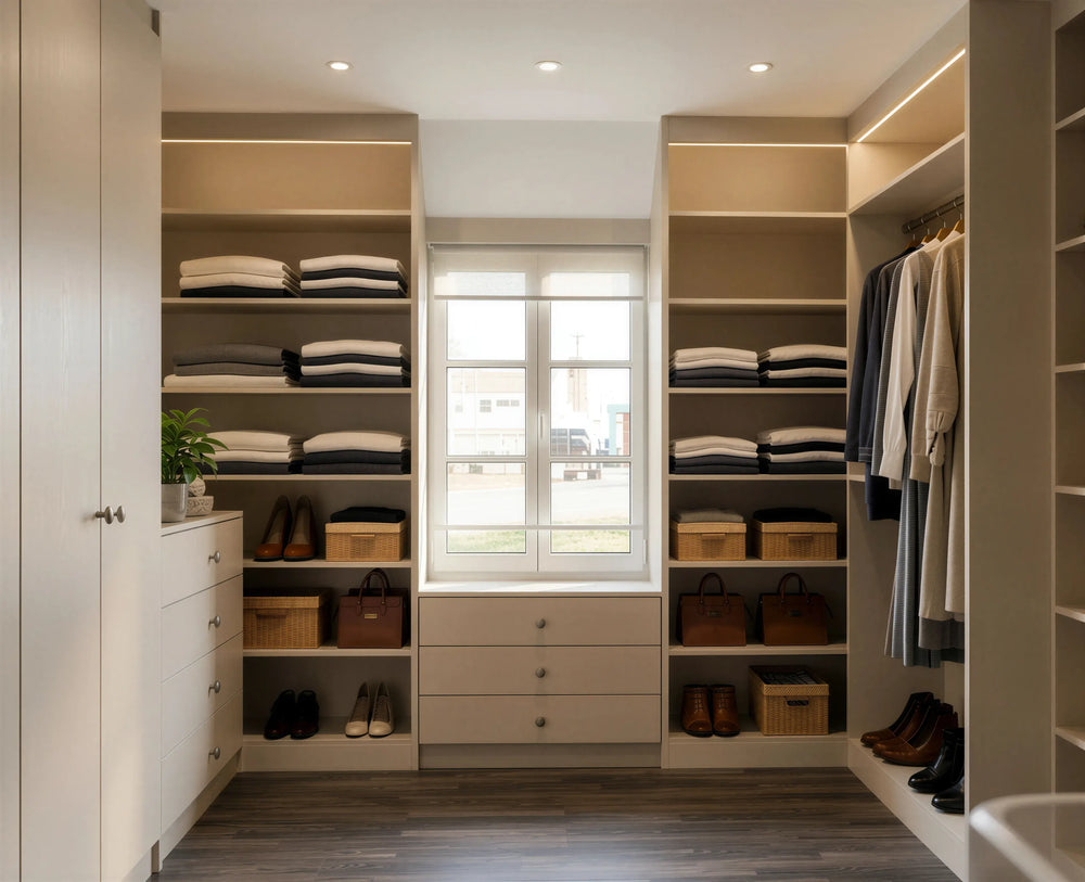 Westbury Walk-In Wardrobe in Cashmere Matt with open shelving, soft-close drawers, integrated warm white LED lighting and bespoke fitted storage by Metro Home Interiors in London.