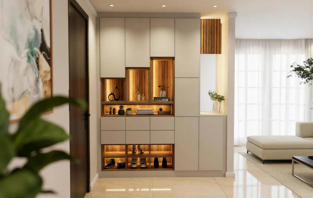 Wilton fitted foyer unit in London: a handleless stone slab hallway wall with three stepped oak-lined niches lit from above, a bank of drawers, an open lit shoe bay and a slatted oak bay with a lit worktop, beside the front door. Made to measure by Metro Home Interiors
