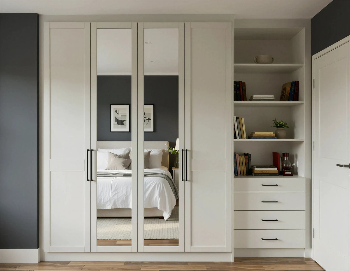 Wimbledon Mirror Shaker Wardrobe with Super Matt White shaker mirror doors, matt black bar handles, open shelving, drawer unit and bespoke fitted storage by Metro Home Interiors in London.